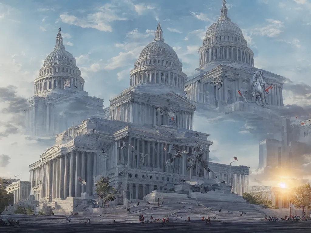 Image similar to architecture concept art by fan wennan. future capitol of the american communist party shining in the sun, communist statue and insignia, hyperdetailed, cinematic, photorealistic, hyperrealism, masterpiece, grounded communist governmental architecture, statue, imposing, strength, abundance, life