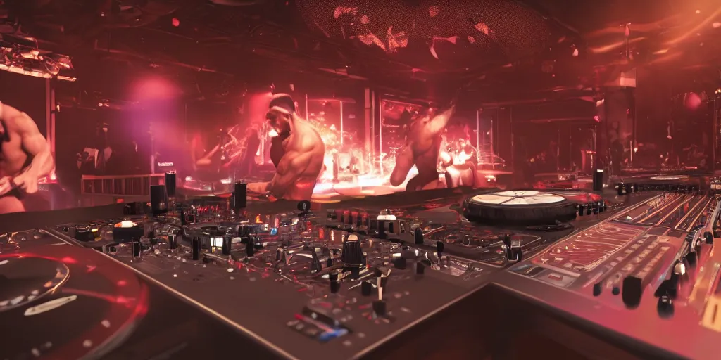 Image similar to a very buff dj playing at a club using a mixer on a tiny desk, pov, realistic 4 k octane beautifully detailed render, 4 k post - processing, highly detailed, intricate complexity, epic composition, magical atmosphere, cinematic lighting, masterpiece, ultra hd