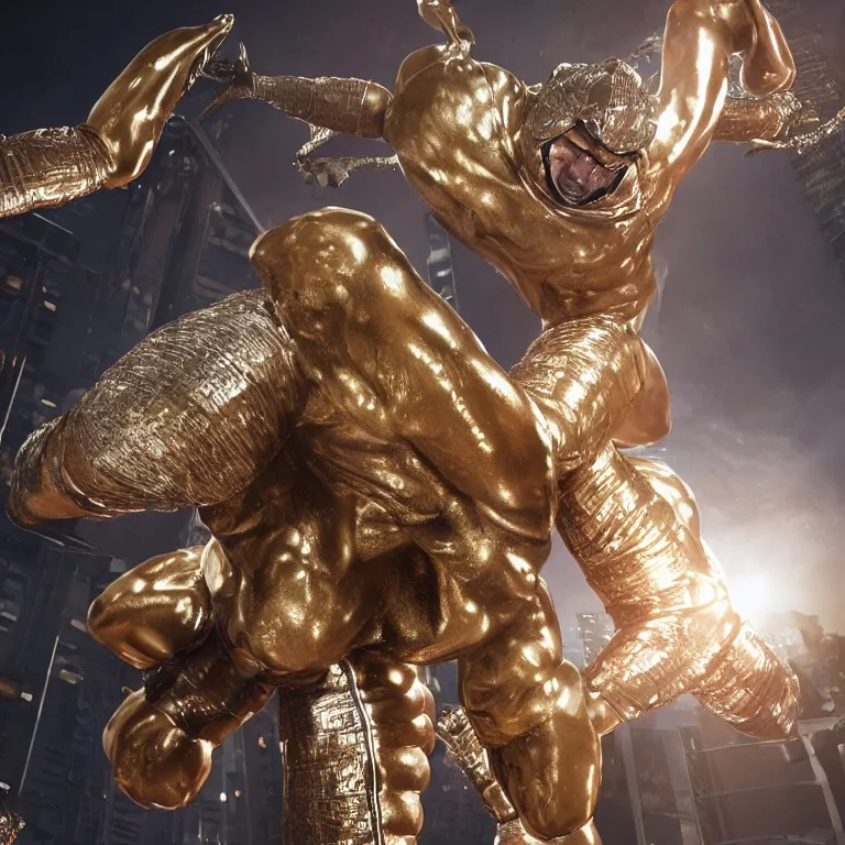 Image similar to octane render portrait by wayne barlow and carlo crivelli and glenn fabry, a giant muscular luchador wrestler wearing iridescent metallic pants and mask, leaping through the air inside a crowded rowdy arena, cinema 4 d, ray traced lighting, very short depth of field, bokeh