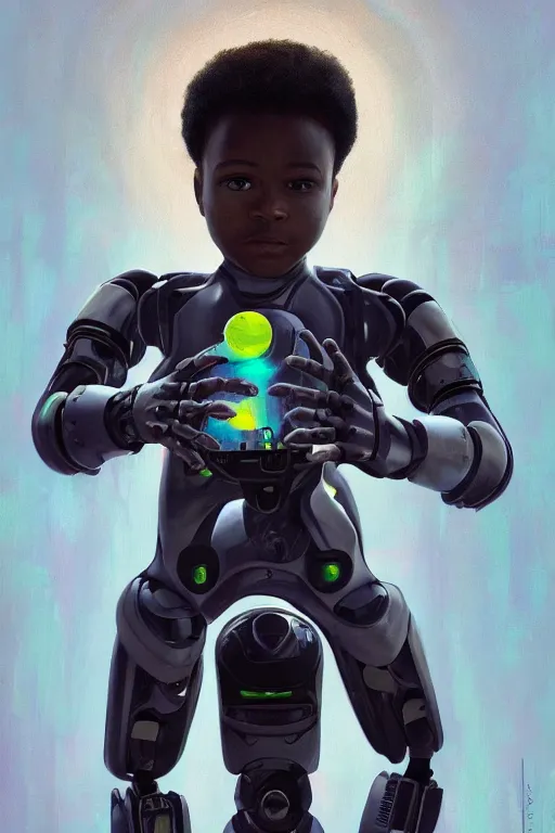 Image similar to a black kid playing with a futuristic robot in the nature, mixing solarpunk, afropunk, cyberpunk, ( ( ( ( volumetric light ) ) ) ), high angle, part by pearl fryar, part by prince damah, sunny day, trending on artstation, cinematic view, illustration, painting, realistic