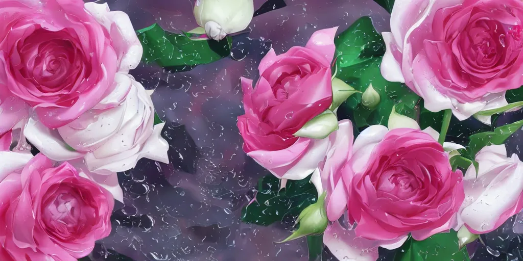 Image similar to sharp wind slicing through a bouquet of white and pink roses, flowers exploding and spraying, big puffy clouds, sharp rain, large rose petals, lotus petals, large polygonal background elements, large polygons, dramatic anime, dramatic lighting, artgerm, manga, trending on artstation, art nouveau, mature colors