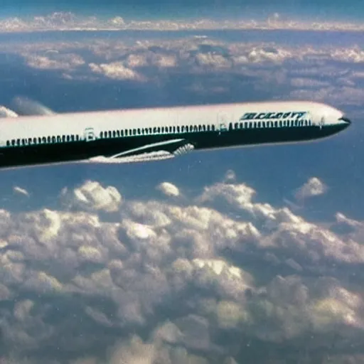 Image similar to vhs footage of a boeing 787 flying in the sky, footage taken from the ground