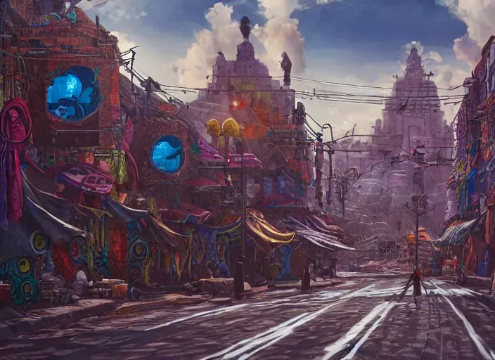 Image similar to street view of a futuristic aztec city in mexico, art by federico pelat and alejandro burdisio and markus vogt, science fiction, cinematic, 8 k resolution