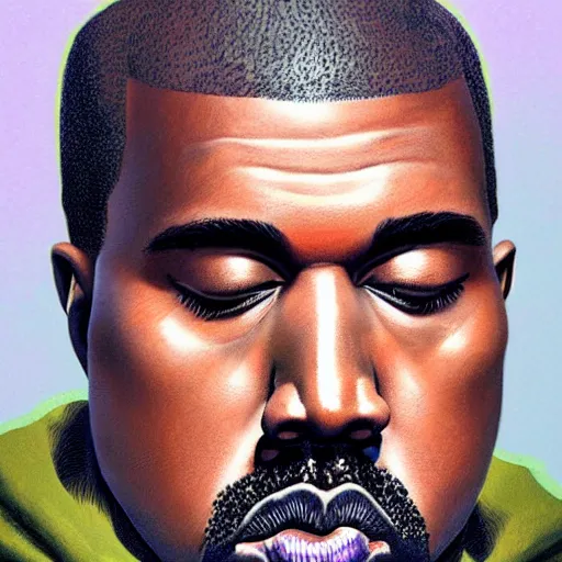 Image similar to kanye west is sad by wayne barlowe green purple yellow color palette very detailed clear focus symmetrical