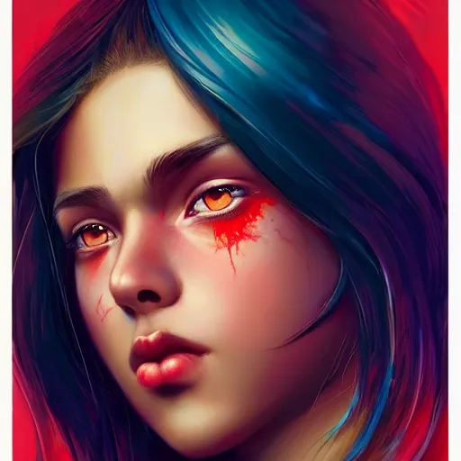 Image similar to colorful and festive captivating teenager with straight brown hair covering his eye, dark skin, big lips, wearing a red t - shirt. rich vivid colors, ambient lighting, dynamic lighting, 4 k, atmospheric lighting, painted, intricate, highly detailed by charlie bowater