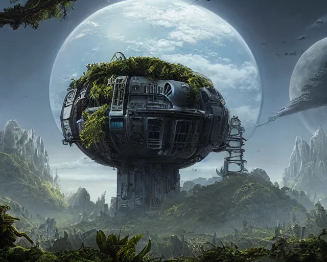 Prompt: epic concept art, matte painting by weta digital, towering abandoned alien superstructure, jungle exoplanet with two moons, george lucas, mohrbacher, cgisociety