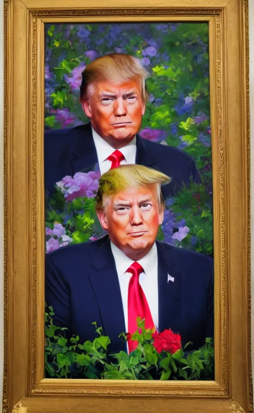 Image similar to romantic photorealistic portrait painting of donald trump surrounded by beautiful flowers, by gregory manchess, james gurney, james jean