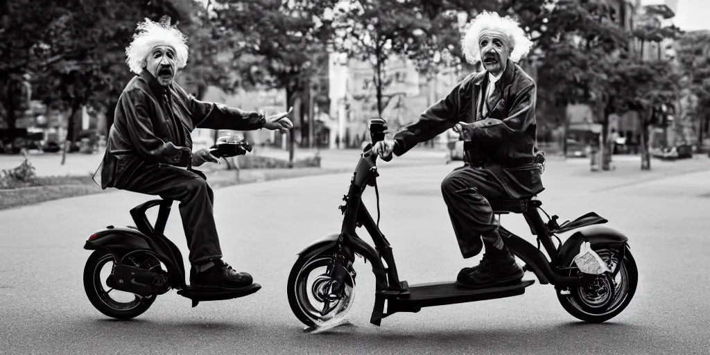 Image similar to Albert Einstein rides an electric scooter with his tongue out, moody, beautiful composition, hyper detailed, insane details 8K