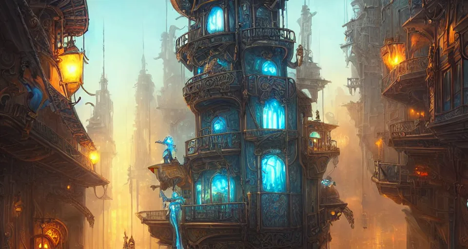 Image similar to landscape painting of fantasy metal steampunk city that has a light blue glow with walkways and lit windows with hooded thieves in leathers climbing the buildings using a rope, fine details, magali villeneuve, artgerm, rutkowski