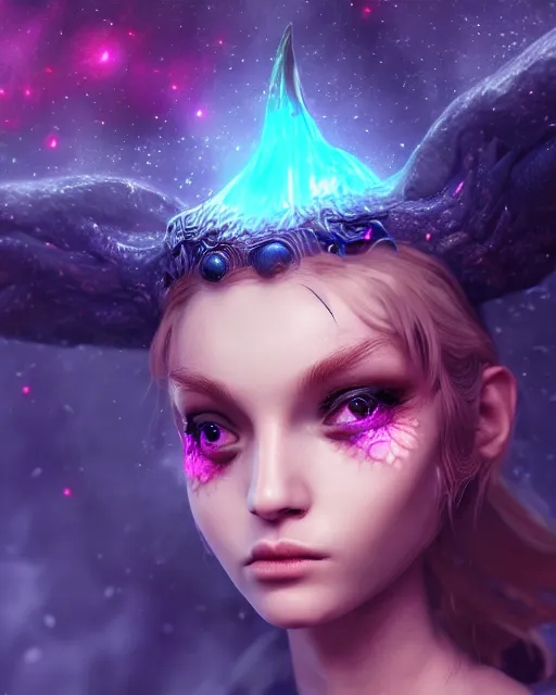 Image similar to ultradetailed rpg character portrait of a cute nebulapunk witch, digital art,, intricate, sharp focus, trending on artstation hq, deviantart, volumetric lighting, unreal engine, octane render