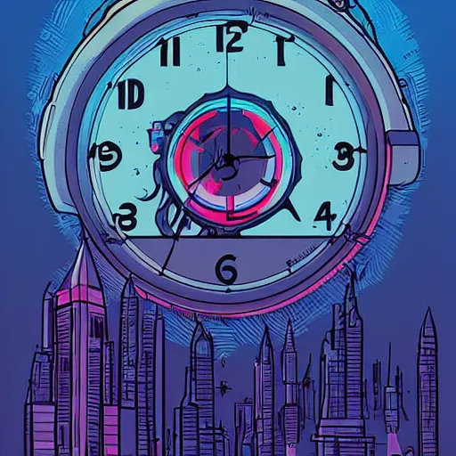 Image similar to centred clock arrow colourful scifi illustration art by tim doyle