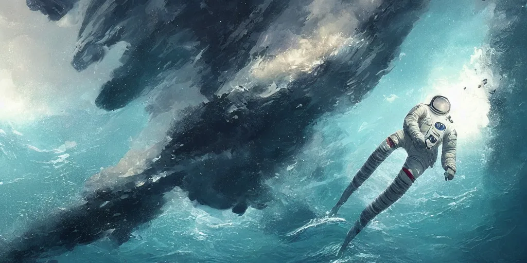 Image similar to an astronaut waist deep in the ocean,digital art,detailed,ultra realistic,art by greg rutkowski