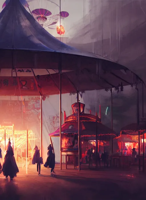 Image similar to close - up of student witches exploring and patrolling around a small carnival amusement, food stalls, big top circus tent, roaming entertainers, flashing lights, highly detailed, magical, japan mountains, digital painting, concept art, matte, art by ruan jia and wlop and greg rutkowski and makoto shinkai, masterpiece