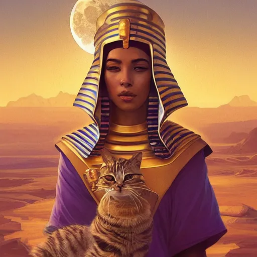 Image similar to Portrait of a cat dressed as a Pharaoh, moon in the background, intricate, elegant, highly detailed, digital painting, artstation, concept art, smooth, sharp focus, illustration, art by artgerm and greg rutkowski and alphonse mucha