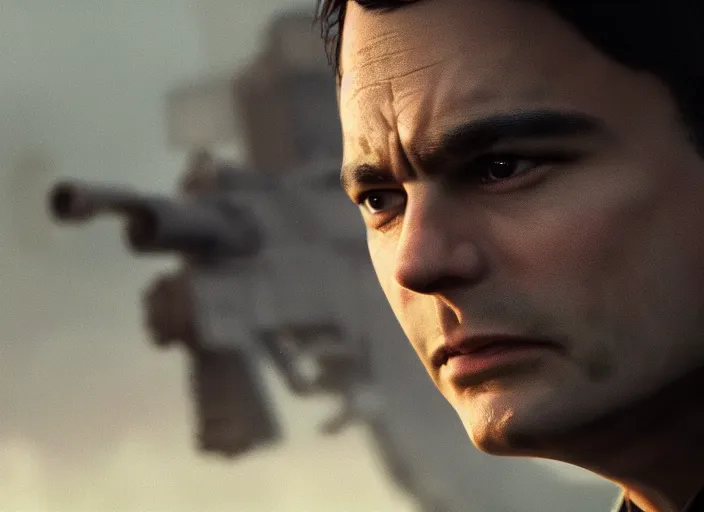 Prompt: close up cinematic artwork of Ben shapiro staring down the enemy on the battlefield by Greg Rutkowski, 4k, masterpiece