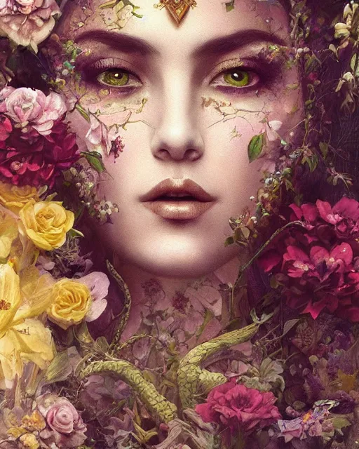 Image similar to portrait of the ukrainian queen of the underworld, surrounded by flowers by karol bak, james jean, tom bagshaw, rococo, sharp focus, trending on artstation, cinematic lighting, hyper realism, octane render, 8 k, hyper detailed.