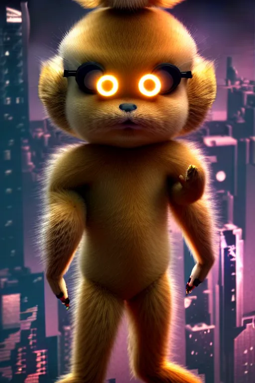 Prompt: high quality 3 d render very cute fluffy cyborg!! hanuman with gold nose piercings, highly detailed, cyberpunk mumbai in the background, unreal engine cinematic smooth, in the style of solaris & detective pikachu, hannah yata charlie immer, moody light, low angle, uhd 8 k, sharp focus