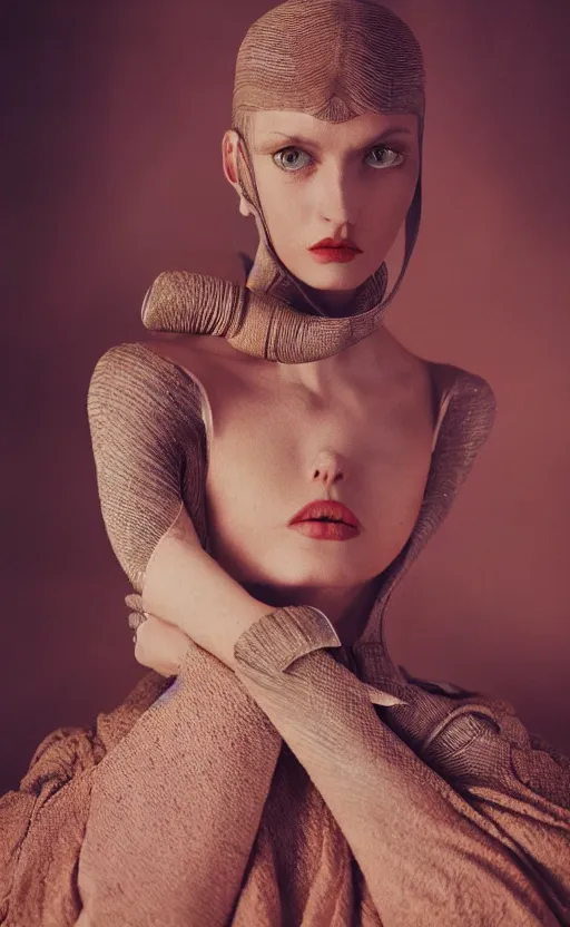 Image similar to Fashion photography of a woman wearing an outfit inspired by Dune (2021), artistic photography, cinematic lighting, insanely detailed, cinestill 800t, Vogue magazine