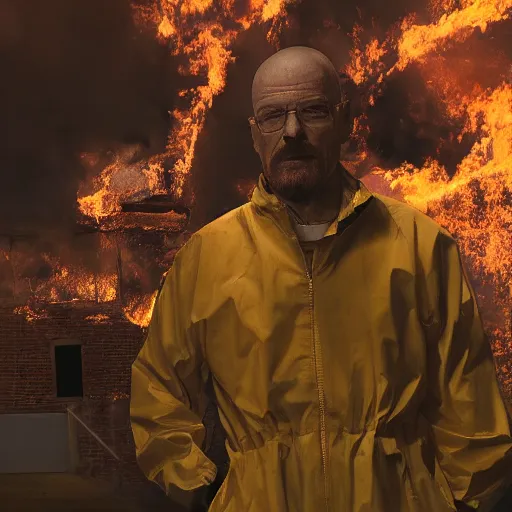 Image similar to a photo of walter white standing in front of a building on fire, highly detailed, 4 k