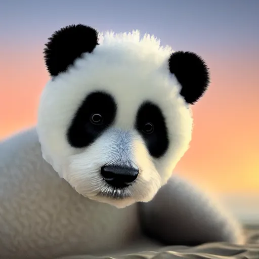 Image similar to a closeup photorealistic photograph of panda themed white bichon frise smiling on the beach at sunset. This 4K HD image is Trending on Artstation, featured on Behance, well-rendered, extra crisp, features intricate detail and the style of Unreal Engine.