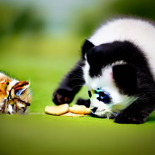 Image similar to cute kitten with cat body and panda face, eats bambus, highly detailed, sharp focus, photo taken by nikon, 4 k