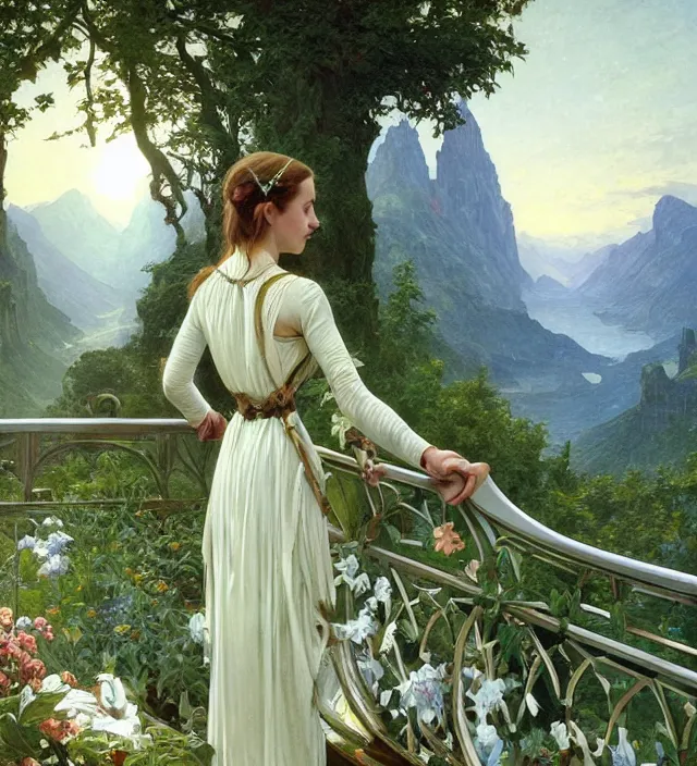 Image similar to intricate oil painting of a young elf alicia vikander with pointed elf ears wearing ornate white and light green dress with silver belt, looking out at sunrise over rivendell from her art nouveau balcony, elegant, digital painting, sharp focus, illustration, ultra realistic, 8 k, by bouguereau, alphonse mucha, artgerm, and donato giancola