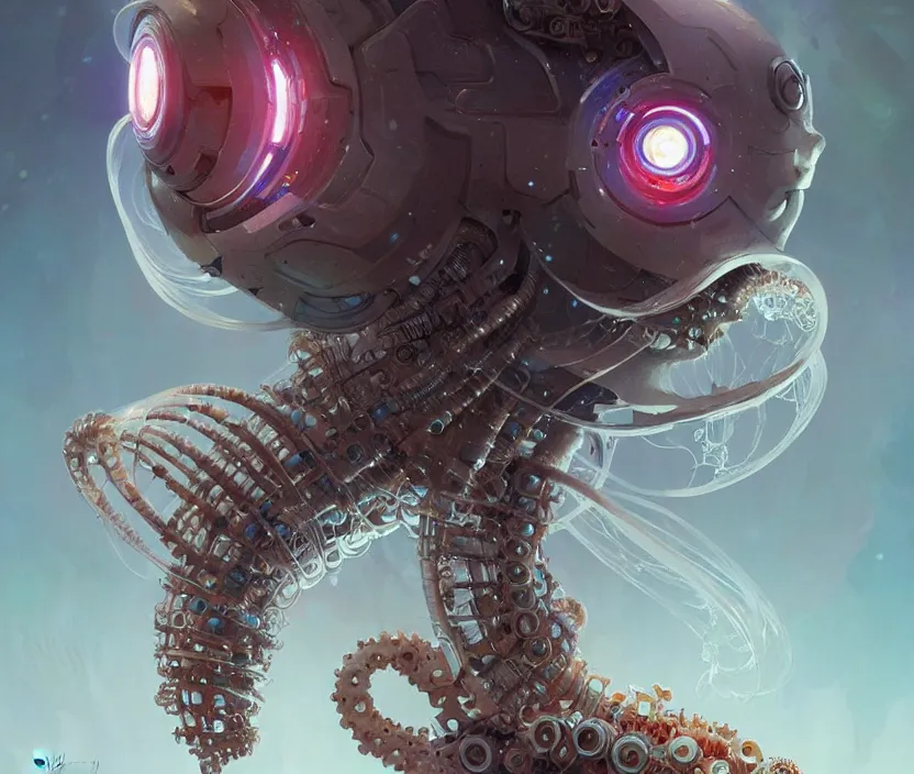 Image similar to Cyborg biomechanical jellyfish, sci-fi, highly detailed, digital painting, artstation, concept art, smooth, sharp focus, illustration, art by artgerm and greg rutkowski and alphonse mucha