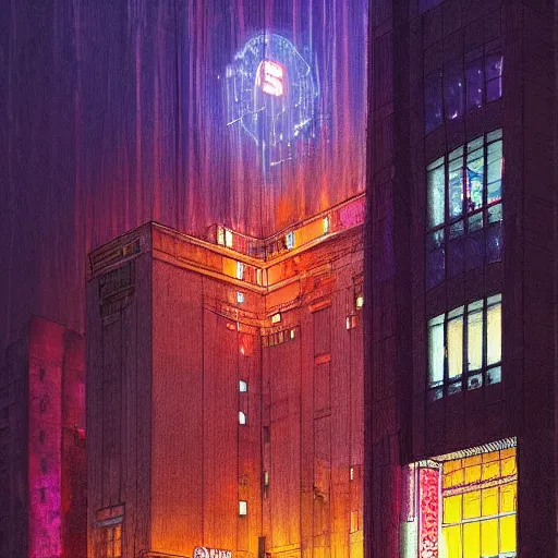 Image similar to a beautiful artwork of a hotel at night, top view, neon and rainy theme atmosphere by Jerome Opeña, featured on artstation