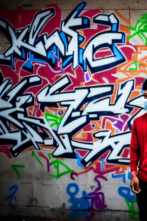 Image similar to asian guy with mask stand in front of wall with full of graffiti tag and mural, photorealistic, smooth, 4 k, aesthetic lighting, baroque object, hyperdetailed, professional photography, pullitzer winning, photo by : canon eos 5 d mark iv, by karah mew and adnan abidi and jodie bateman