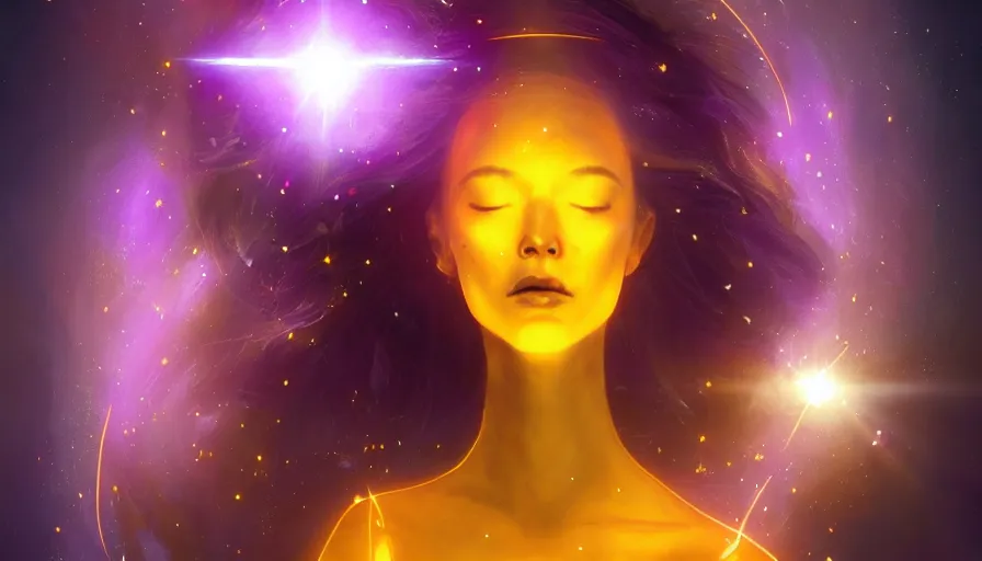 Prompt: a golden woman, eyes closed, glowing lavender aura, head expanding into pieces, laser beaming from the sky into the top of her head, half body, in space, concept art, artstation