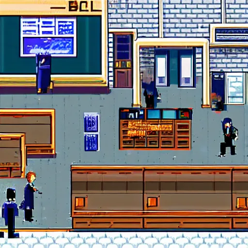 Image similar to pixel art of wallstreet office with brokers running between the bloomberg terminals, visual novel cg, 8 0 s anime vibe, vaporwave nostalgia, tsukihime, muv - luv, baldr sky, kimagure orange road, maison ikkoku, city hunter, great teacher onizuka