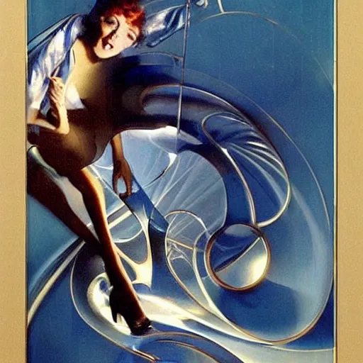 Prompt: A kinetic sculpture. A rip in spacetime. Did this device in his hand open a portal to another dimension or reality?! light blue by Rolf Armstrong composed