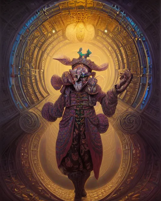 Image similar to front shot of a court jester character, hyperdimensional, bioluminescent hypercubes, ((intricate)), elegant, highly detailed, centered, (((artstation, concept art, smooth, sharp focus, artgerm, Tomasz Alen Kopera, Peter Mohrbacher, donato giancola, Joseph Christian Leyendecker, WLOP, Boris Vallejo))), mugshot!!!!!, ugly!!!!!!, octane render, nvidia raytracing demo, grainy, muted, 8K, digitalblasphemy