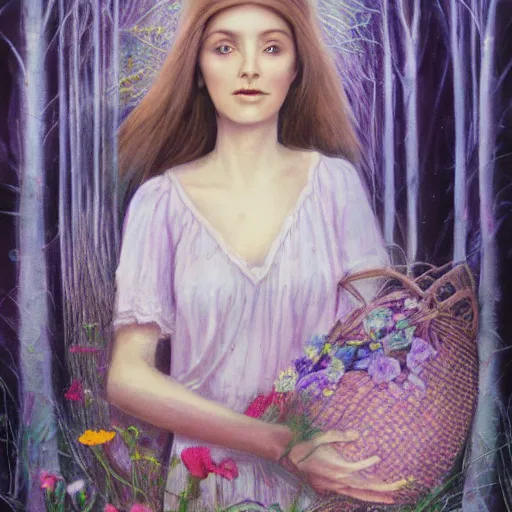 Image similar to random, intuitive by leticia gillett, by jozsef rippl - ronai light violet. a experimental art of a vasilisa standing in the forest, surrounded by animals. she is holding a basket of flowers in one hand & a spindle in the other. gentle expression. in the background, the forest is dark & mysterious.