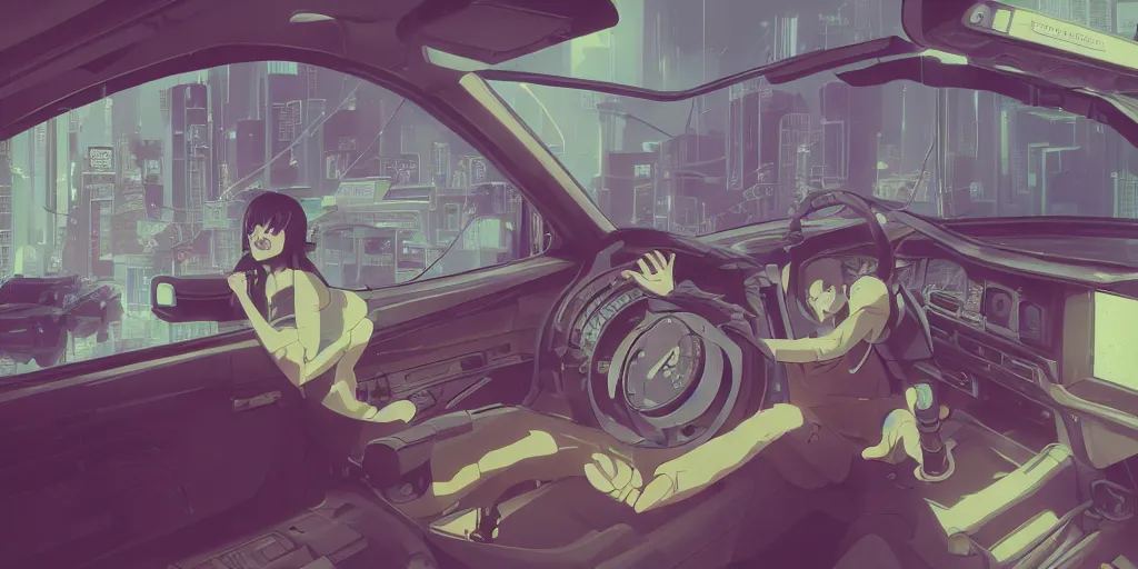 Prompt: a stylized 2 d cinematic keyframe of the inside of a cyberpunk car, joy gaze, cel - shaded, classical animation, edge to edge print, rendered by studio ghibli, artgerm, alyssa monks, andreas rocha, david kassan, neil blevins, rule of thirds, golden ratio, ambient lighting