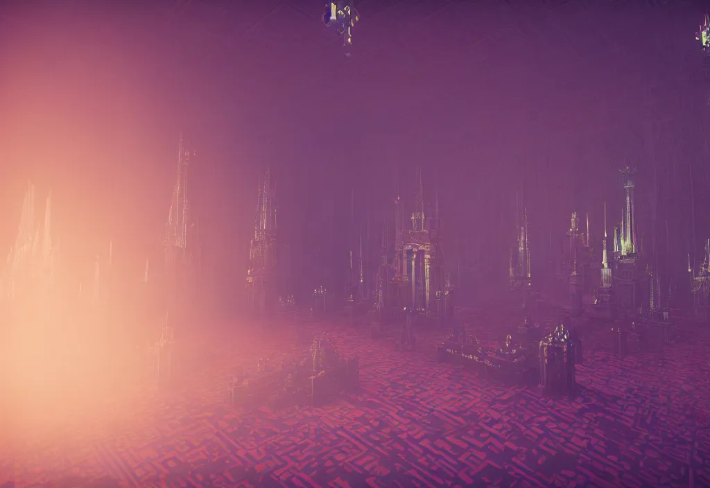 Image similar to interior throne room isometric magicavoxel bloodborne no mans sky, vaporwave, cinematic lighting, 4 k