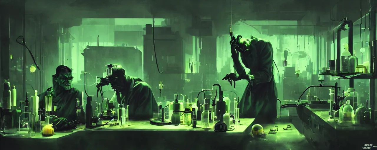 Image similar to duotone noir dark ghastly green concept illustration 3 / 4 portrait of frankenstein becoming alive in laboratory. cinematic scene film noir. volumetric lighting. golden rario accidental renaissance. by sachin teng and sergey kolesov and ruan jia and heng z. graffiti art, scifi, fantasy, hyper detailed. octane render. concept art. trending on artstation