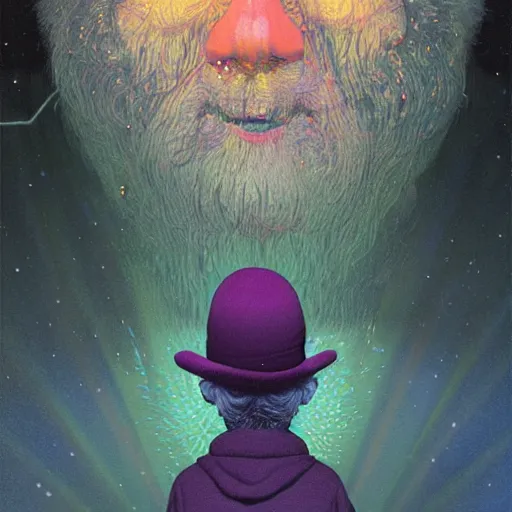 Prompt: portrait of a distressed old man as an omniscient being , high detail, floating particles, glowing purple eyes, background by john harris + david a. hardy, artwork by jean giraud + goro fujita