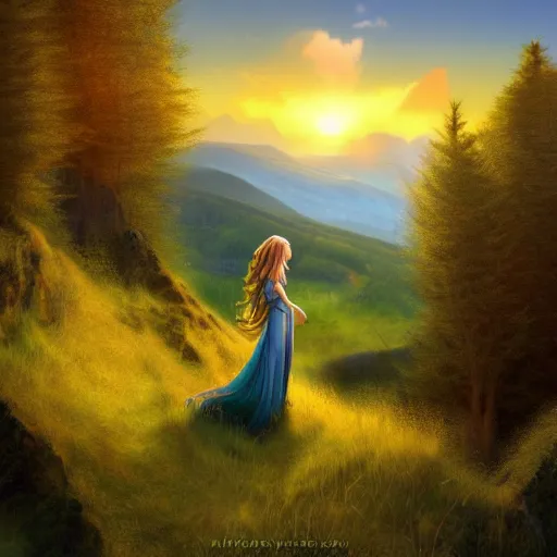 Prompt: mystical nature sprite with beautiful face and clothes in a beautiful alpine high moorland landscape, Fai, sunrise, in the style of Boris Vallejo, Artstation