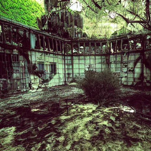 Image similar to the Playboy mansion's grotto abandoned, the pool is drained and covered with algae and weeds growing through cracks, the heat is oppressive. Lomo style.