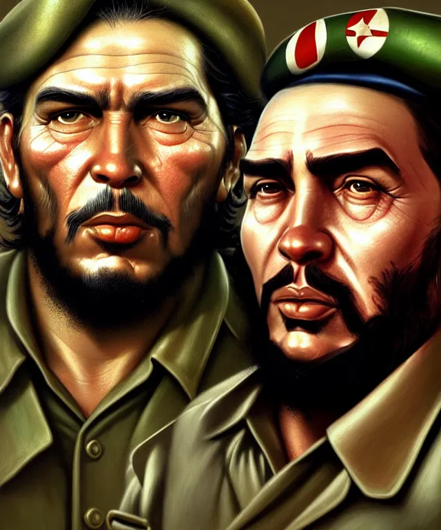 Prompt: ernesto che guevara and fidel castro, highly detailed face!!!, true anatomy!, extremely detailed!, digital painting, unreal engine 5, art by tom bagshaw