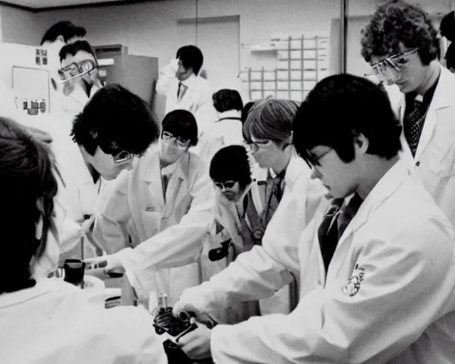 Prompt: scientists in a lab coats looking at computer screens trying to invent anime girls in real life, 1985 BW photo, secret documents leak