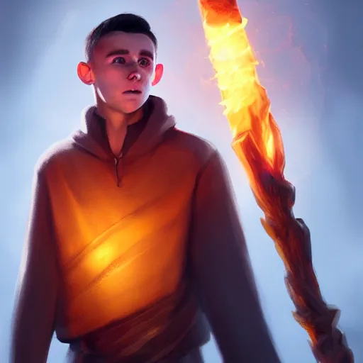 Prompt: Phil Foden wearing a thieves tunic holding a glowing fire magical staff. Trending on Artstation, octane render, ultra detailed, art by Ross tran