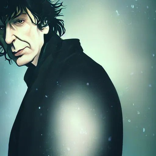 Image similar to closeup portrait of Neil Gaiman as The Sandman, pale skin, long black leather jacket, unruly hair, ambient lighting, 4k, anime key visual, lois van baarle, ilya kuvshinov, rossdraws, artstation