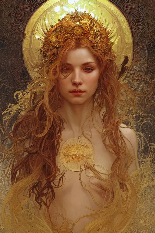 Image similar to god of sun, gold hair, gold eyes, tanned skin, fantasy, intricate, highly detailed, digital painting, artstation, concept art, smooth, sharp focus, art by art by Artem Demura and Alphonse Mucha, ArtGerm, valentina remenar, ruan jia