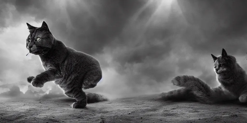 Prompt: clear photo f 2 2 dramatic moody lighting, an enormous cat kaiju cat titan destroying everything as if it was a giant sandbox, chaos and energetic energy, deep focus soft anamorphic