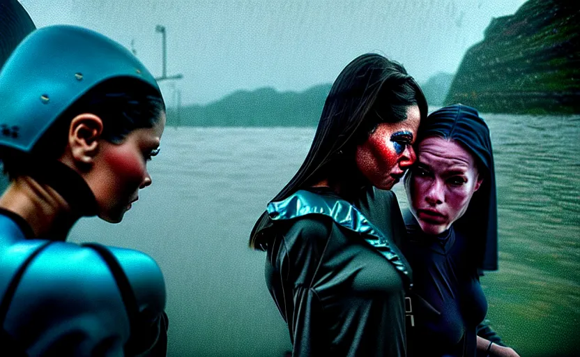 Image similar to cinestill 5 0 d candid photographic portrait by steve mccurry of two loving female androids sobbing wearing rugged black mesh techwear in treacherous waters, flooded city, medium closeup, retrofuturism cyberpunk moody emotional cinematic, pouring iridescent rain bright spotlight helicopter, 8 k, hd, high resolution, 3 5 mm, f / 3 2, ultra realistic faces, ex machina