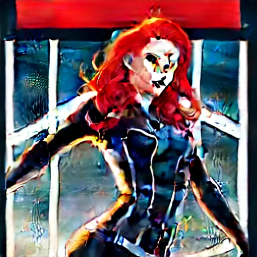 Image similar to phil noto comicbook cover art, black widow marvel, symmetrical eyes, long red hair, full body, city rooftop