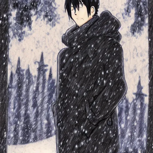 Prompt: drawing of a melancholic man from an anime, with short black hair, wrapped in a warm coat, winter setting, snow falling. very detailed melancholic feeling. studio ghibli. n 4