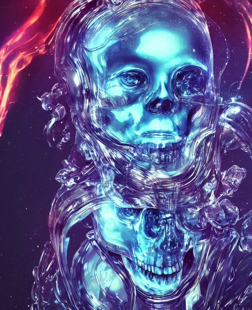 Image similar to close-up macro portrait of the face of a beautiful princess rotten skull in a spaceman suit, epic angle and pose, symmetrical artwork, 3d with depth of field, blurred background, cybernetic jellyfish female face skull phoenix bird, translucent, nautilus, energy flows of water and fire. a highly detailed epic cinematic concept art CG render. made in Maya, Blender and Photoshop, octane render, excellent composition, cinematic dystopian brutalist atmosphere, dynamic dramatic cinematic lighting, aesthetic, very inspirational, arthouse. y Greg Rutkowski, Ilya Kuvshinov, WLOP, Stanley Artgerm Lau, Ruan Jia and Fenghua Zhong